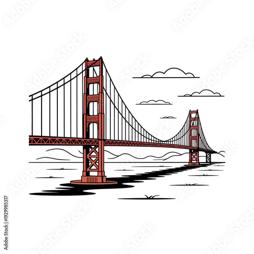 An illustration of the iconic Golden Gate Bridge in San Francisco, California, with a white background