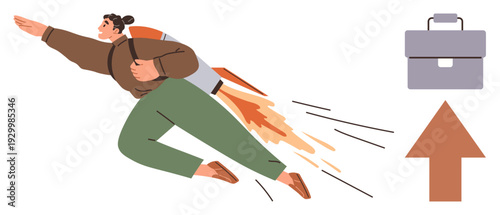Career development, entrepreneurship, personal growth, professional success, leadership, innovation. A woman with a jetpack flying upwards, surrounded by a business briefcase and arrow. Career