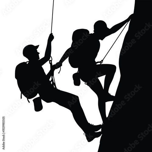 Silhouetted rock climbers ascend a steep cliff face with ropes