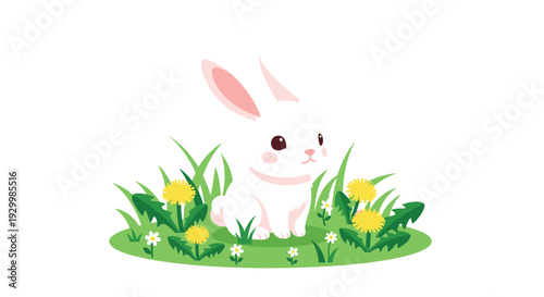 A cute white rabbit with pink ears sits in a patch of green grass surrounded by yellow dandelions and white daisies.
