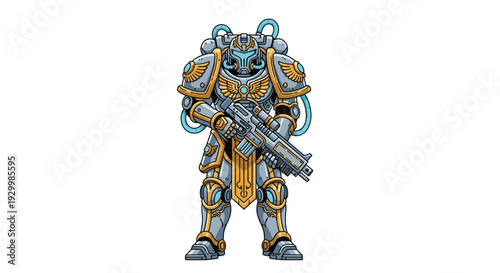 A futuristic soldier wearing heavy grey and gold power armor with glowing blue lights holds a large science fiction rifle.