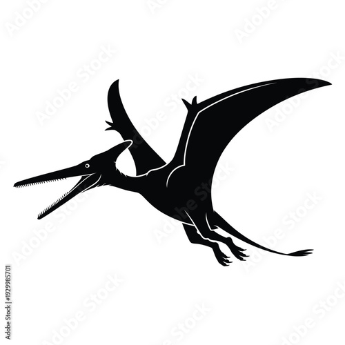 A striking black silhouette of a pterodactyl in mid flight