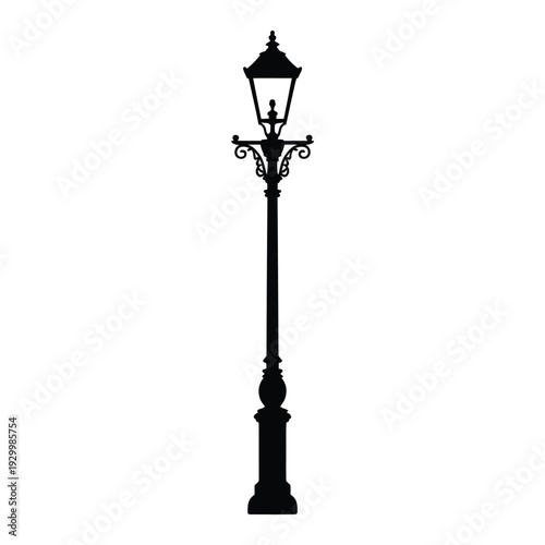 Elegant black silhouette of a vintage street lamp on a white background
