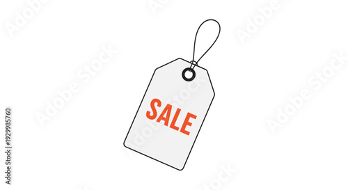 A single white price tag with a black string loop and the word sale printed in bold orange capital letters centered on a white background.
