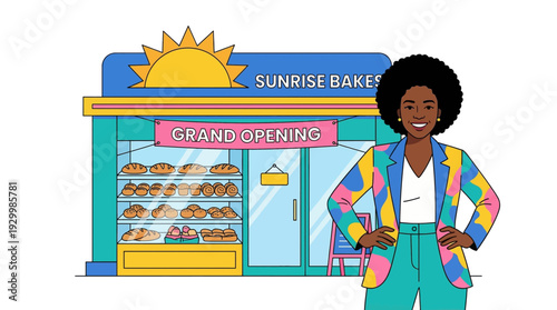 Proud African American female small business owner standing in front of new bakery shop grand opening vector