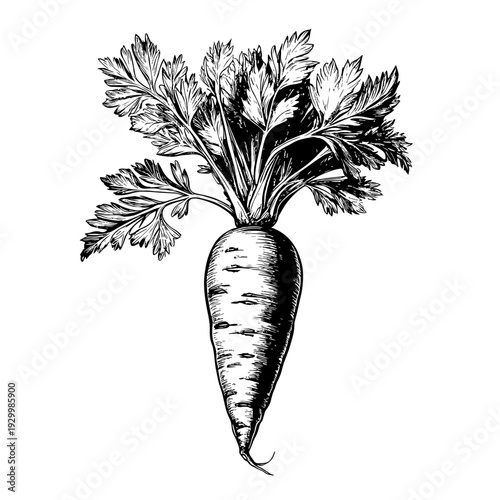 Detailed hand-drawn vegetable illustration featuring a fresh, leafy carrot, an artistic black and white sketch perfect for culinary and healthy food designs, available on adobe stock