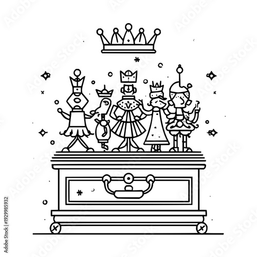 Royal Family Standing on Treasure Chest with Crown