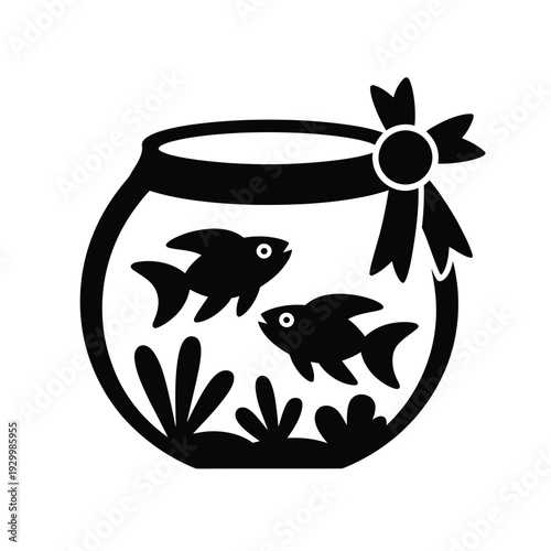 Simple black and white illustration of a fishbowl with two fish