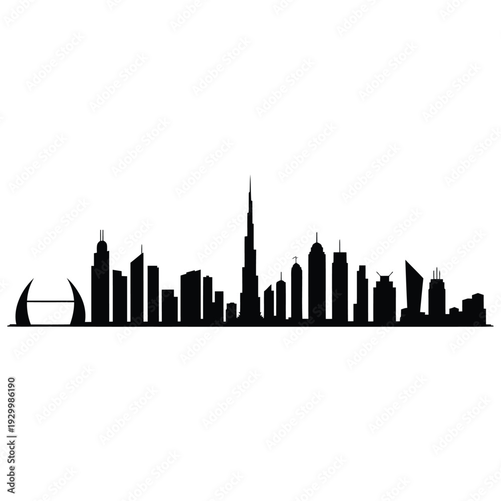 Fototapeta premium Black silhouette of a modern city skyline featuring a prominent tower