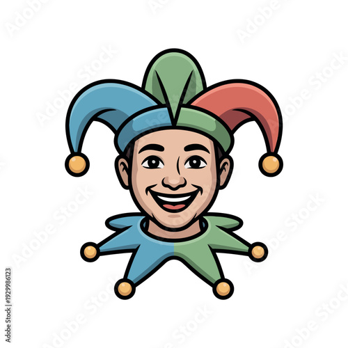 Smiling court jester head wears a multi-colored hat with dangling bells for.