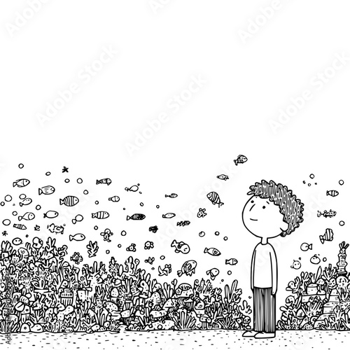 Sad Boy Standing in Field with Floating Thoughts