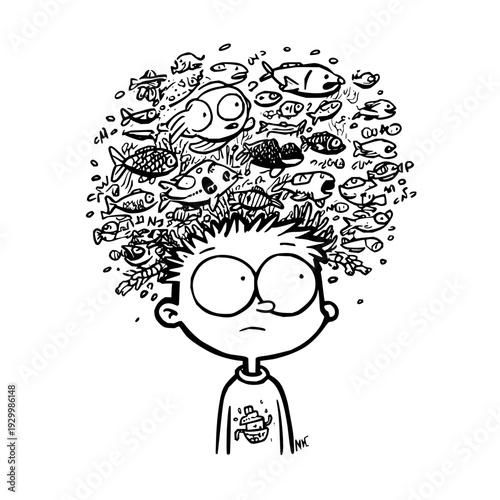 Boy with Fish Swimming in Head, Worried Expression, Cartoon Illustration