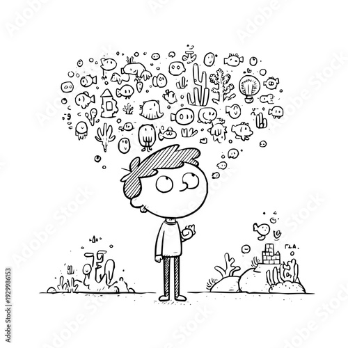 Boy Thinking with Many Ideas Above Head in Garden