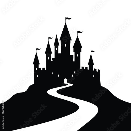 A striking black silhouette of a fairytale castle on a hill