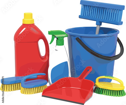 Professional cleaning supplies collection featuring plastic bucket spray bottle detergent l