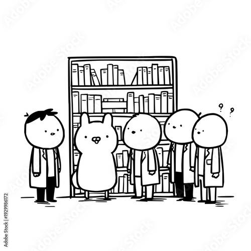Cartoon Characters Standing in Front of Bookshelf with Cat