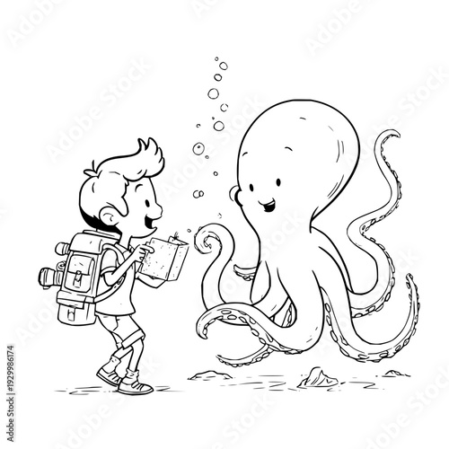 Scuba Diver Meeting Smiling Octopus Underwater