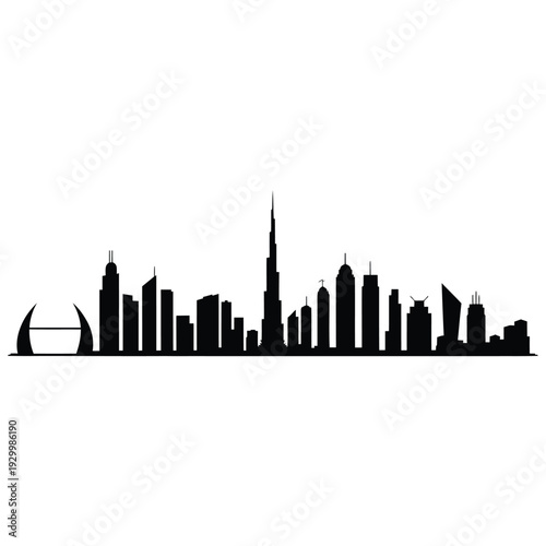 Black silhouette of a modern city skyline featuring a prominent tower