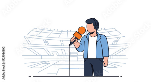 A faceless male news reporter wearing headphones holds an orange microphone while standing in front of a large empty stadium.