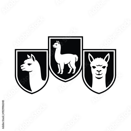 Three llama heads depicted within black shield shapes on white background