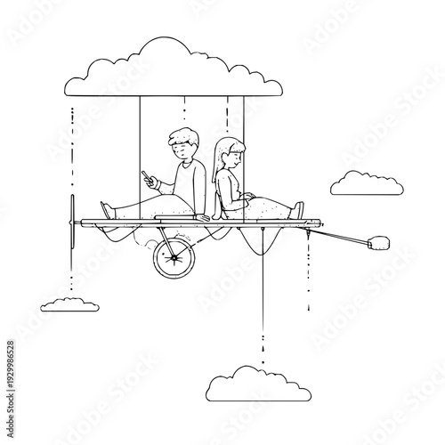 Couple Riding Biplane Under Rainy Clouds