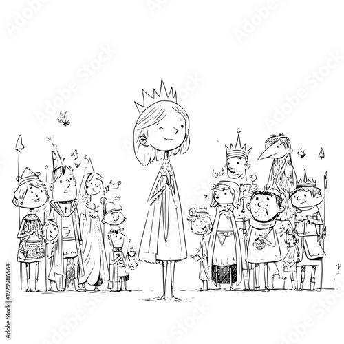 Smiling Princess Wearing Crown Surrounded by Royal Courtiers and Guards in Medieval Castle