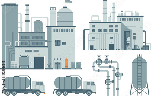 Industrial factory refinery plant vector illustration set with storage tanks, pipelines, tanker trucks and petrochemical manufacturing facilities
