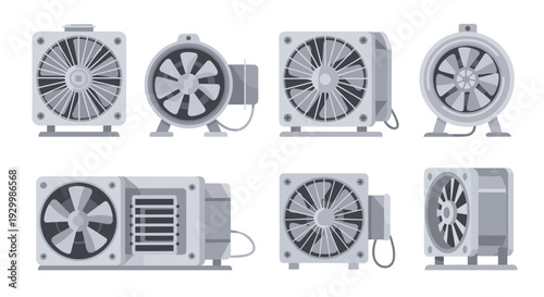 Eight different grey industrial ventilation fans with various housing designs are arranged in two rows against a plain white background.
