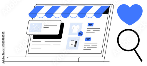 Laptop displaying e-commerce interface with storefront awning, product images, discount tags, heart for preference, and search magnifier. Ideal for online shopping, e-commerce, digital marketing