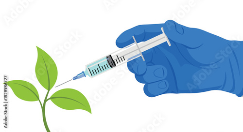 A hand wearing a blue glove uses a syringe to inject a light blue liquid into the leaf of a green plant.