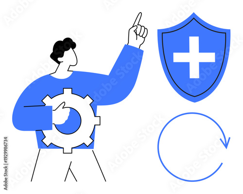 Data protection, system security, process optimization, healthcare services, software development, maintenance. Man holding gear, shield with cross circular arrow. Data protection and system