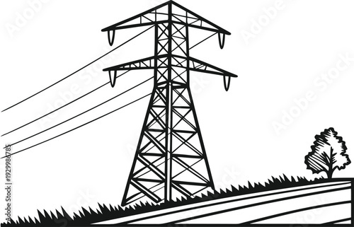 Electric Power Grid Transmission Tower Icon – High Voltage Energy Infrastructure, Electricity Distribution Network Vector Illustration