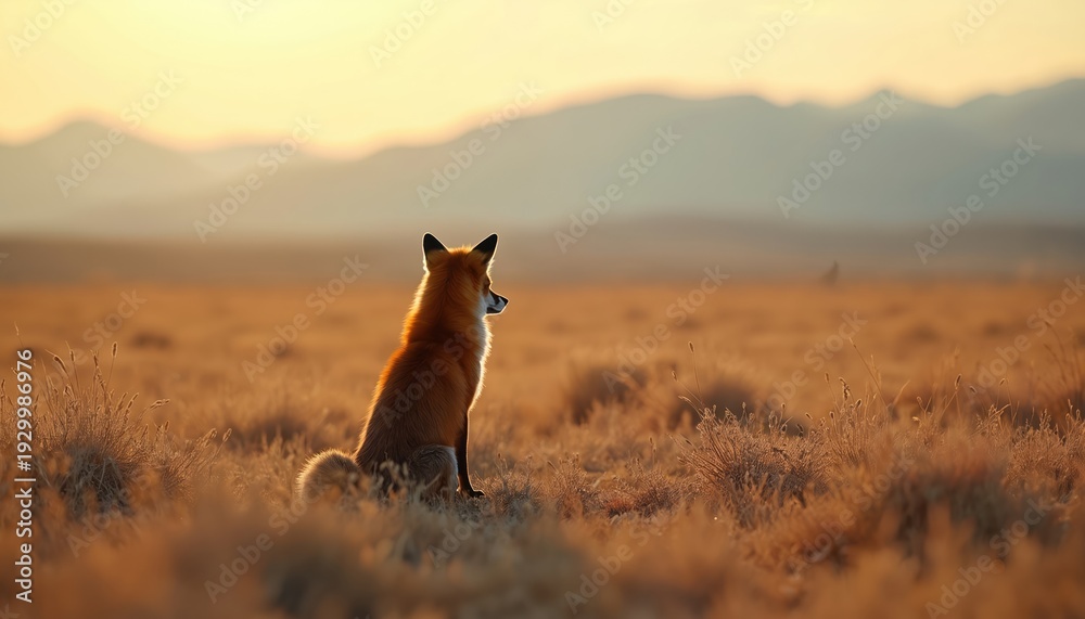 Obraz premium Solitary fox sits in dry grass looking at distant mountains during golden hour sunset. Animal gazes over tundra landscape. Evening light warms the wild scene. Fox observes the vast open terrain.