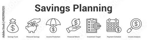 Savings Planning web banner icon set vector illustration concept for business with icon of Savings Fund, Personal Savings, Income Protection, Financial Return, Investment Target, Payment Schedu.