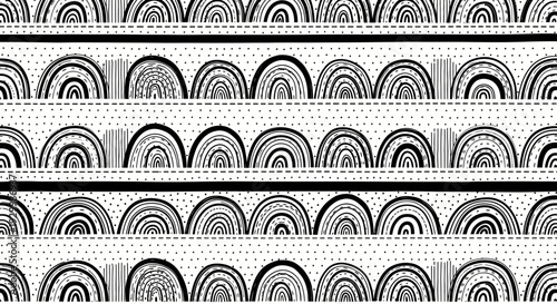 Abstract Hand Drawn Seamless Pattern with Arcs and Dots.