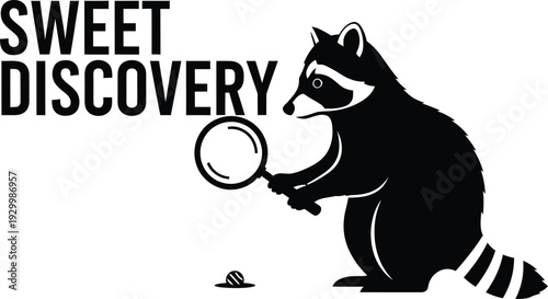 Funny raccoon detective illustration with sweet discovery text, black and white minimalist trash panda holding a magnifying glass investigating food.
