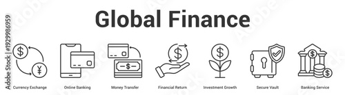 Global Finance web banner icon set vector illustration concept for business with icon of Currency Exchange, Online Banking, Money Transfer, Financial Return, Investment Growth, Secure Vault, Bank.