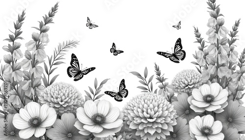 Monochrome botanical illustration features delicate flowers like peonies, hydrangeas. Several butterflies fly among blooms creating whimsical, natural scene. Art perfect for invitations, decor.