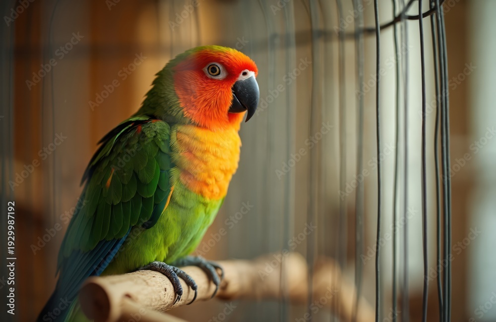 Obraz premium Colorful parrot sits on wooden perch inside metal cage. Bird has bright green body orange and yellow chest and head. Pet looks out of frame at unseen object. Small tropical animal rests on bar.