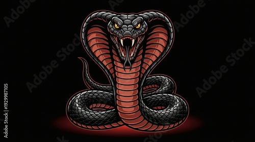 A stylized cobra with a flared hood, black scales, and red accents, depicted in an aggressive pose with an open mouth and sharp fangs.