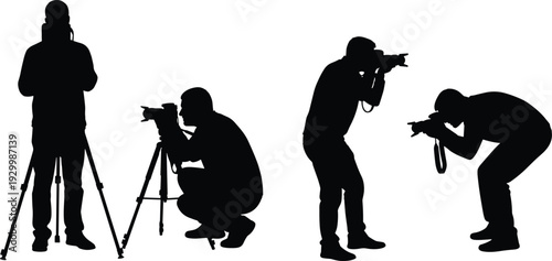 Set of professional photographer silhouettes in various poses using cameras and tripods for media photography journalism videograph
