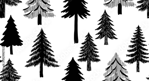 Black and White Evergreen Trees Pattern.