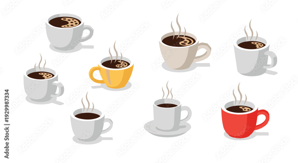 Obraz premium Several white ceramic coffee cups along with one yellow cup and one red cup filled with steaming dark liquid are scattered on a white background.