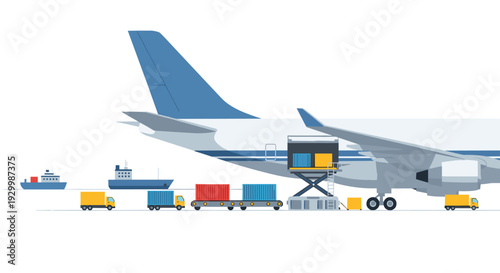 A large white cargo airplane is being loaded with shipping containers by a mechanical lift while small delivery trucks wait in the distance.