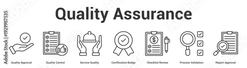 Quality Assurance web banner icon set vector illustration concept for business with icon of Quality Approval, Quality Control, Service Quality, Certification Badge, Checklist Review, Process Validati.