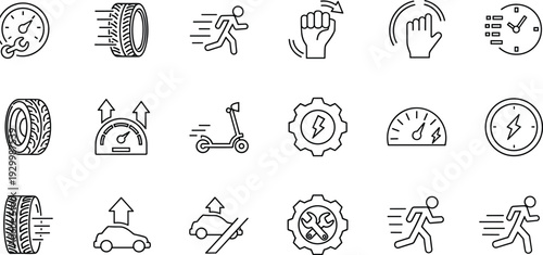 Black and white speed icons, motion, energy, mechanics, automotive, electric scooter, running person, gear, speedometer, transport, performance, acceleration