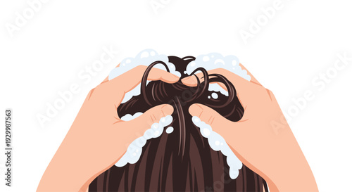 Two hands are shown in an extreme close-up view massaging thick white soap lather into dark brown hair against a plain white background.