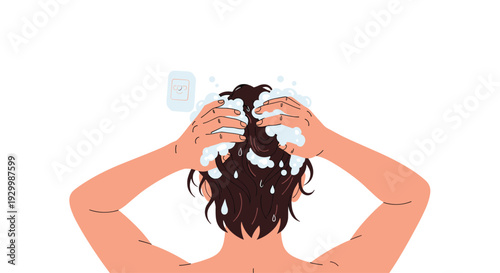 A person with brown hair is seen from behind using their hands to apply thick white soap foam and water to their head during a shower.