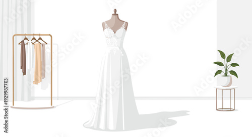 A white lace wedding gown is displayed on a brown wooden mannequin inside a minimalist room with a gold garment rack and a green plant.