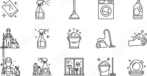 Cleaning icons, sanitation tools, hygiene symbols, spray bottle, washing machine, detergent, vacuum cleaner, mop bucket, soap handwash, sparkling dishes, vector illustration